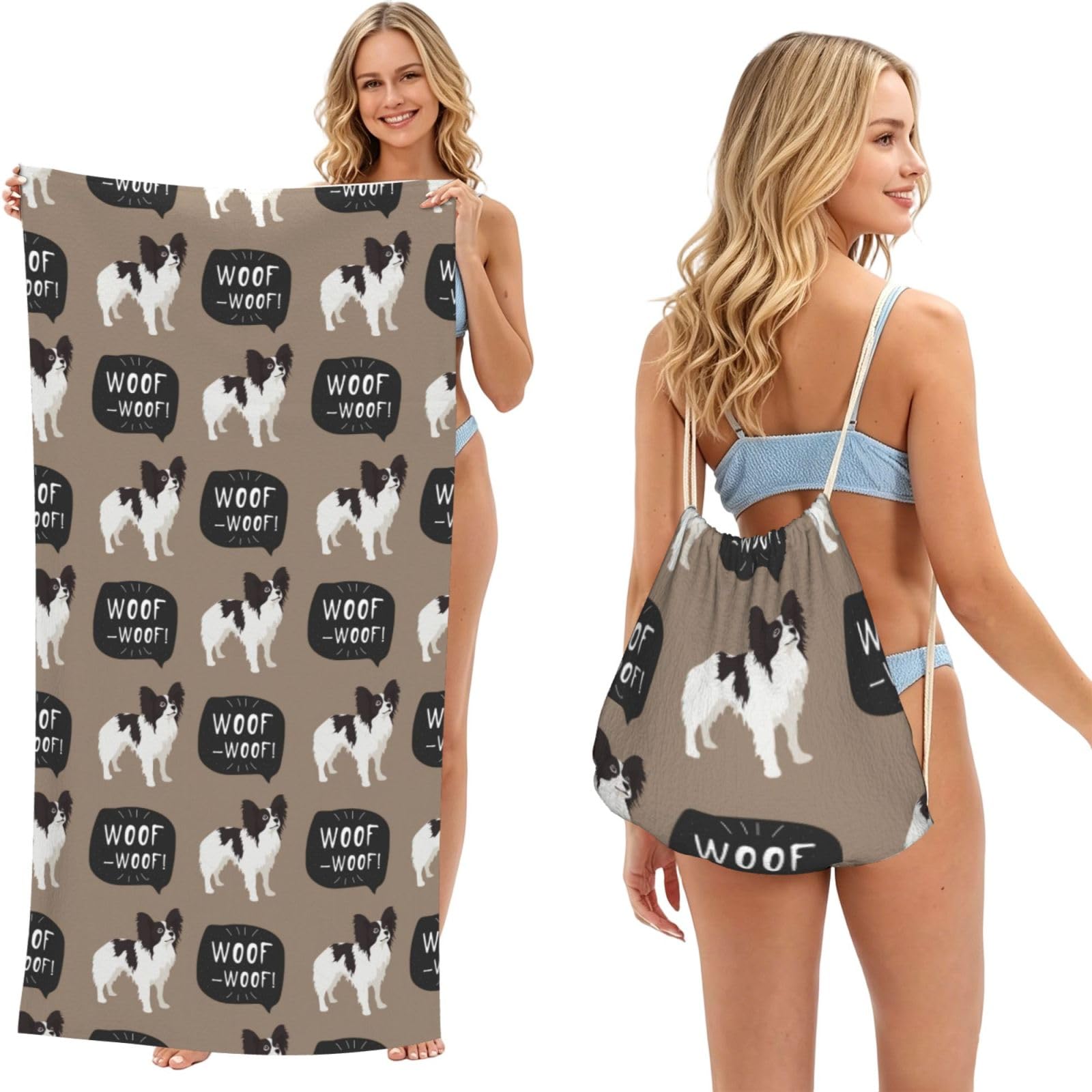 Poadnly As Picture Papillon Dog Pattern, 2 In 1 Packable Towel Bag, Beach Towels With Drawstring Backpack For Travel Holiday Camping