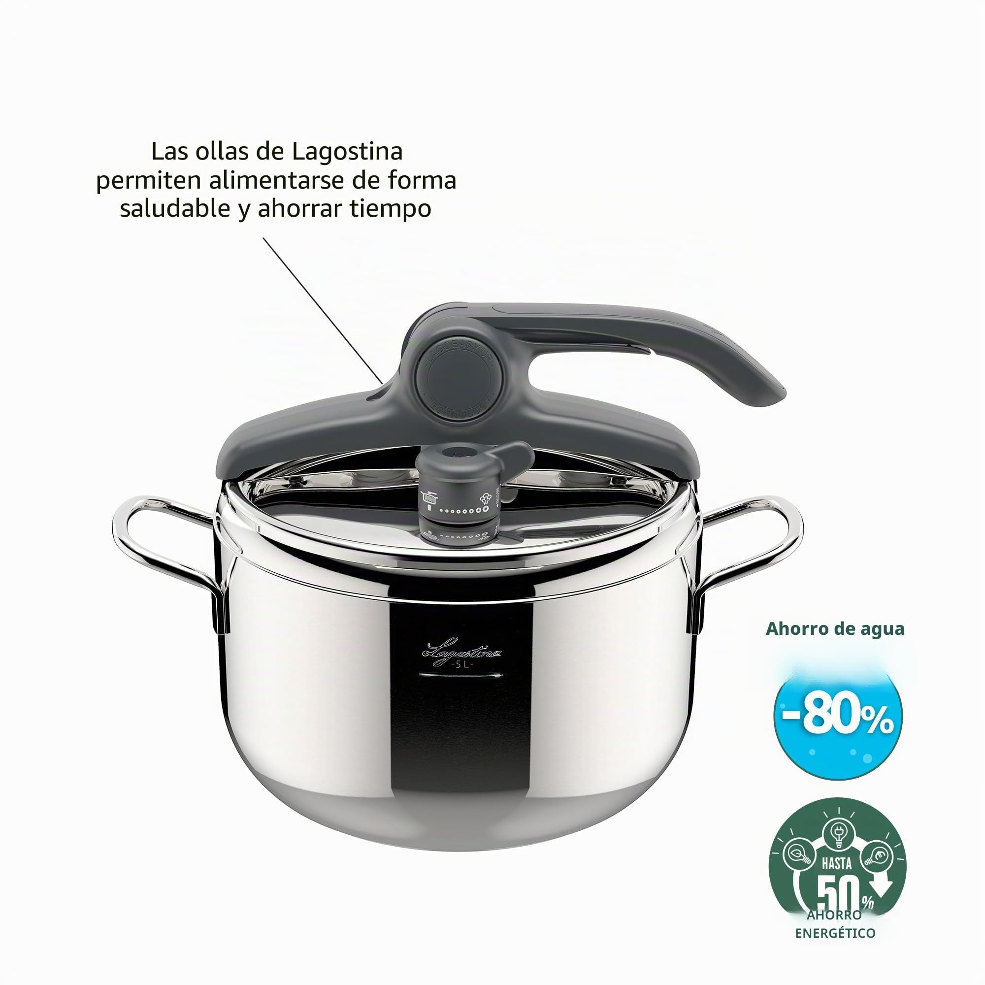 Lagostina Irradial Control Lagoeasy'UP Olla a Presión 5 L en Acero Inoxidable 18/10 Ø 22 cm, Olla Inducción y Gas, Apertura Fácil de la Tapa, Base de Triple Capa Irradial Plus