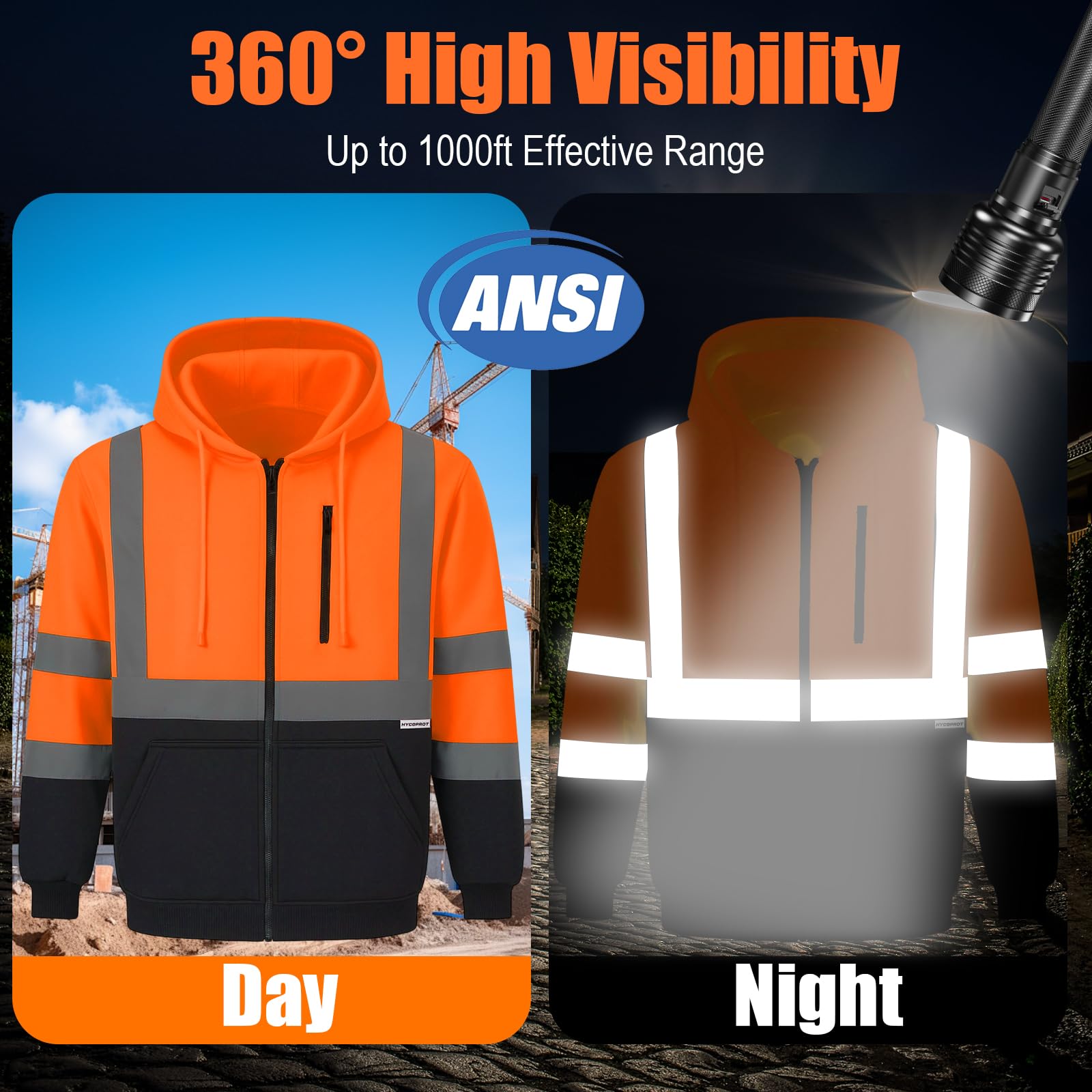 HYCOPROT Felpa ad Alta visibilità per Uomo Hi Vis Viz Felpa con Cappuccio di Sicurezza Felpa Leggera Giacca da Lavoro Riflettente Tasche Cappotto di Sicurezza con Cerniera e Coulisse EN ISO 20471