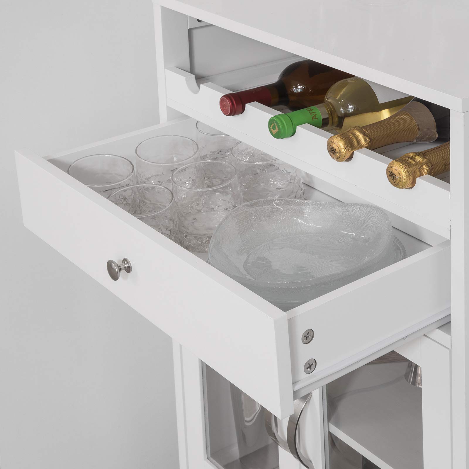 SoBuy Cantinetta portabottiglie di vino Credenza bianca con portabottiglie, portabicchieri e armadietto L56*P35*A128 cm, FSB24-W