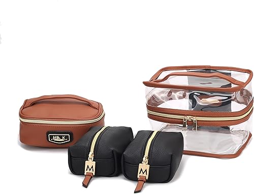 MKF 4PCS elegante bolsa de cosméticos portátil maquillaje viaje organizador caso, Emma Coñac Negro