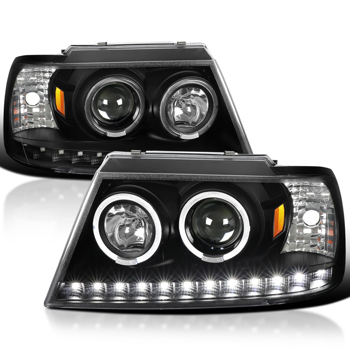 SPEC-D TUNING Black LED Halo Projector Headlights Compatible with 2002-2005 Ford Explorer, Left + Right Pair Headlamps Assembly