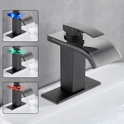 Miniatura 8 de Midanya Grifo de lavabo de baño LED, mango de cascada negro mate, mango de un solo agujero, grifo de baño de 3 colores cambiantes, boquilla de