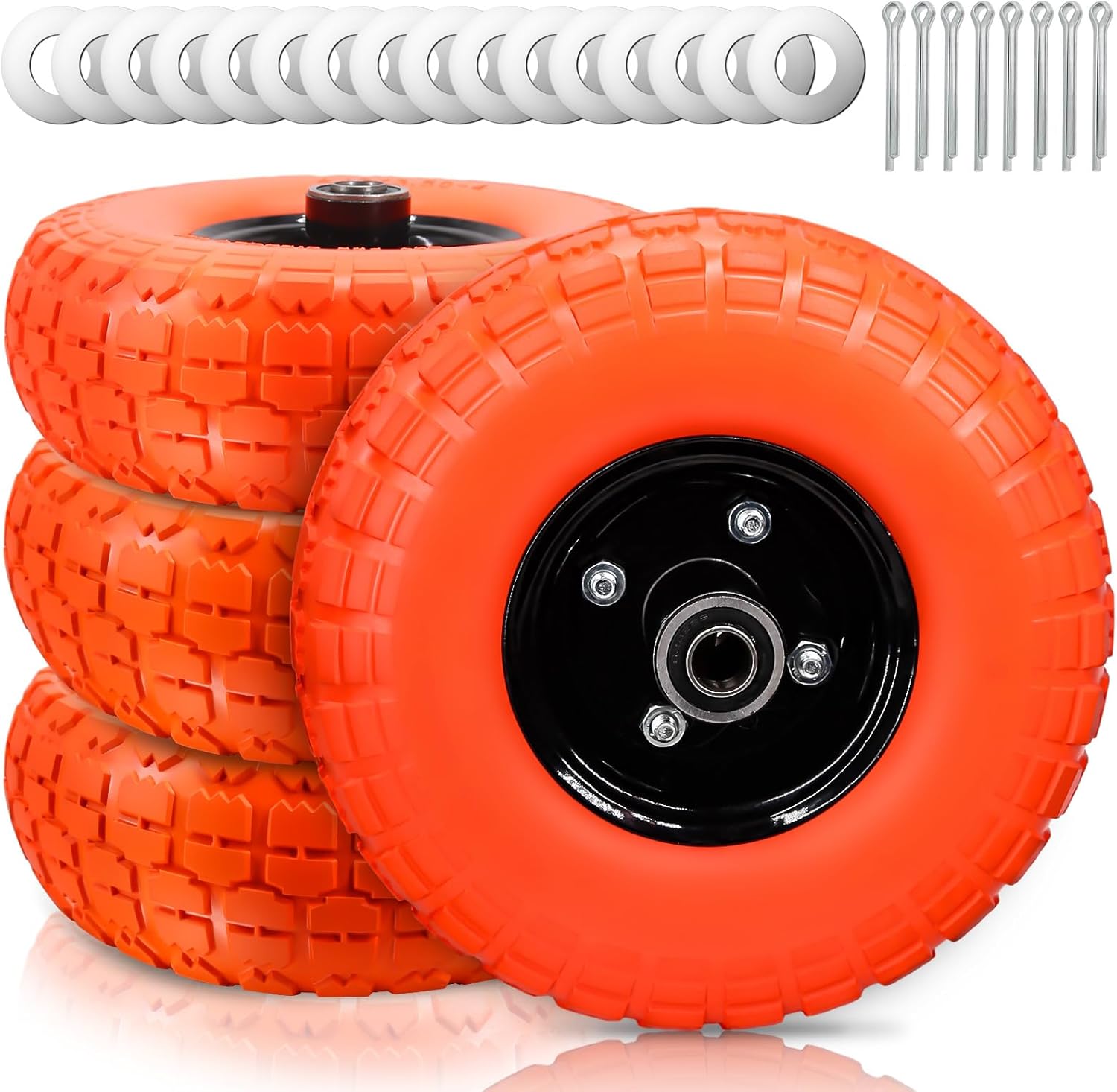 10" 4.10/3.50-4 Flat Free Solid Polyurethane Tire and Wheel with 5/8" Axle Borehole, 2.1" Offset Hub for Wheelbarrow,Hand Truck,Generators,Utility Cart(4Pack Orange)