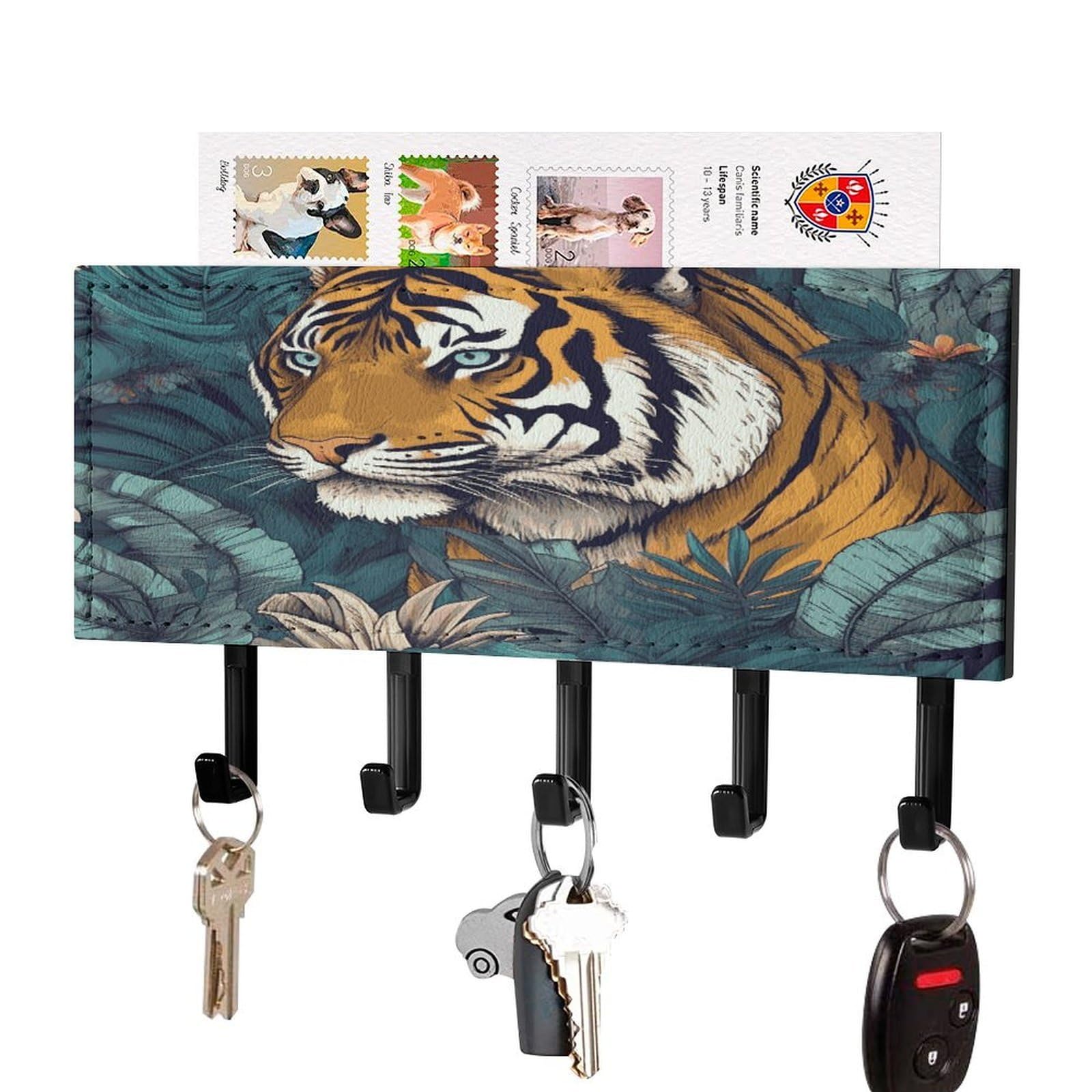 LDGSUPH Tropical Tiger Key Holder Wall Mount Key Hanger with 5 Hooks Fashion Key Organizer Rack Hanging Key Hooks with Mail Organizer Key Rack for Home Entryway Hallway Black-Style