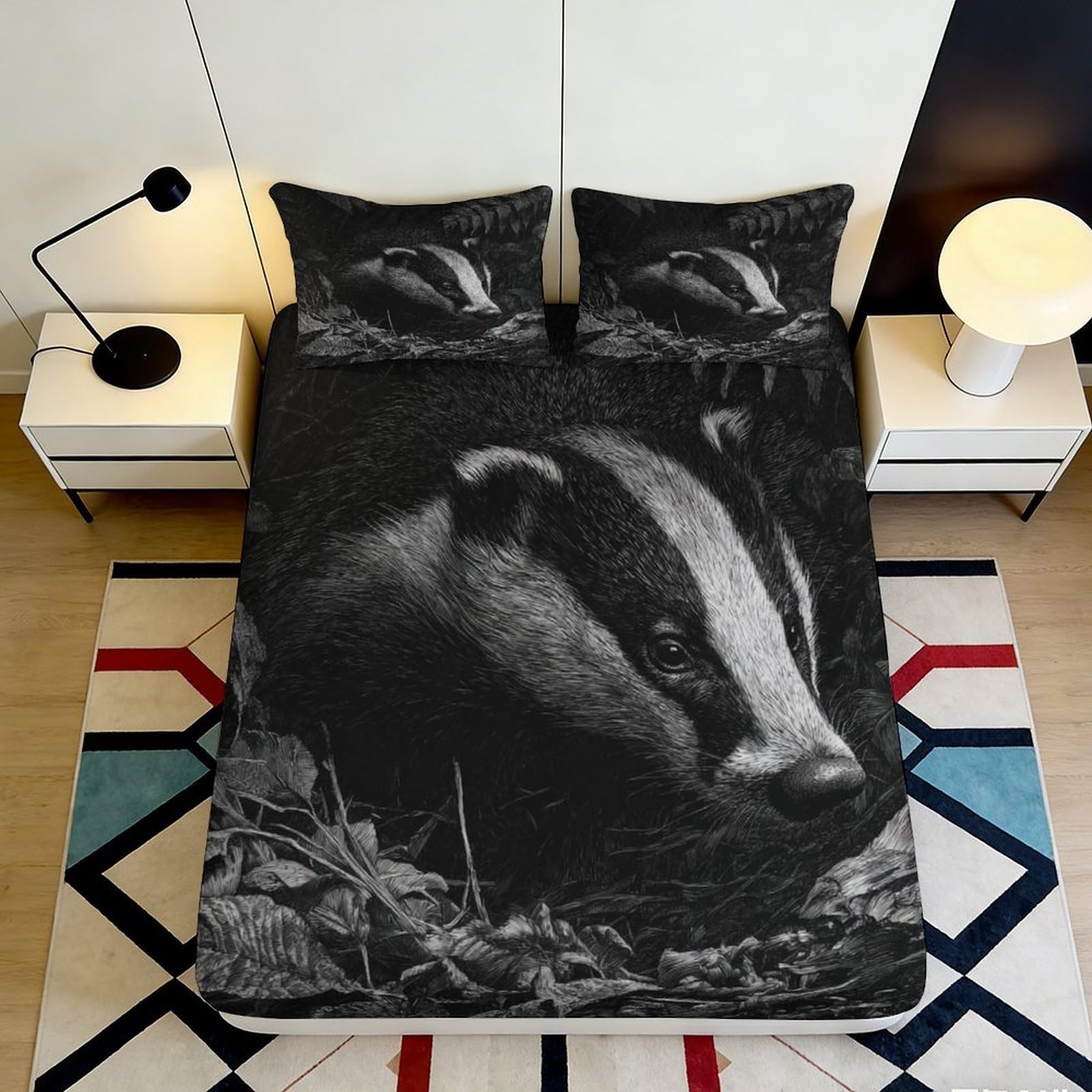 3D Printed Badger Forest Fitted Sheet Microfiber Soft Black White Wildlife Mattress Cover for Bedroom Guest Room Decor 90x200x25cm