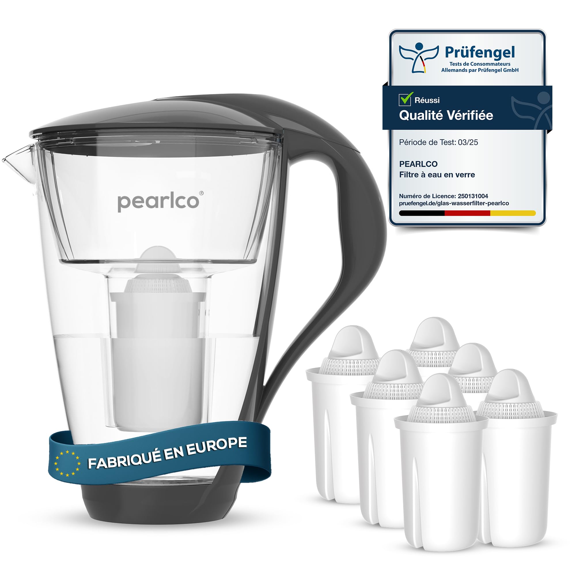 PearlCo - Carafe avec filtre à eau en verre - anthracite - 6 cartouches Universal classic incluse (compatible avec Brita Classic)
