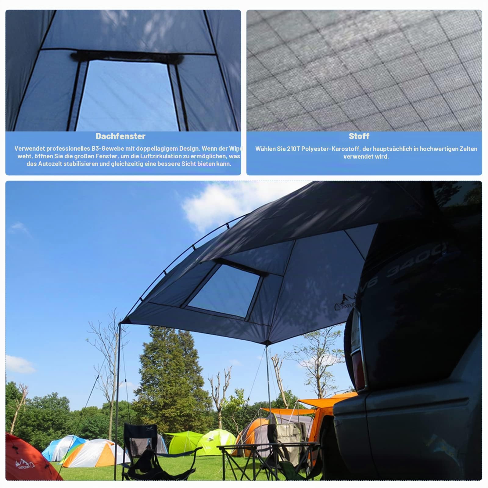 Zelt Auto Camping, Heckklappen Zelt pkw Auto Markise, Anti-UV, Wasserdicht 350 x 240 x 105 cm, Autozelt Sonnendach für Verschiedene SUV-Modelle Camping, Angeln, Strand