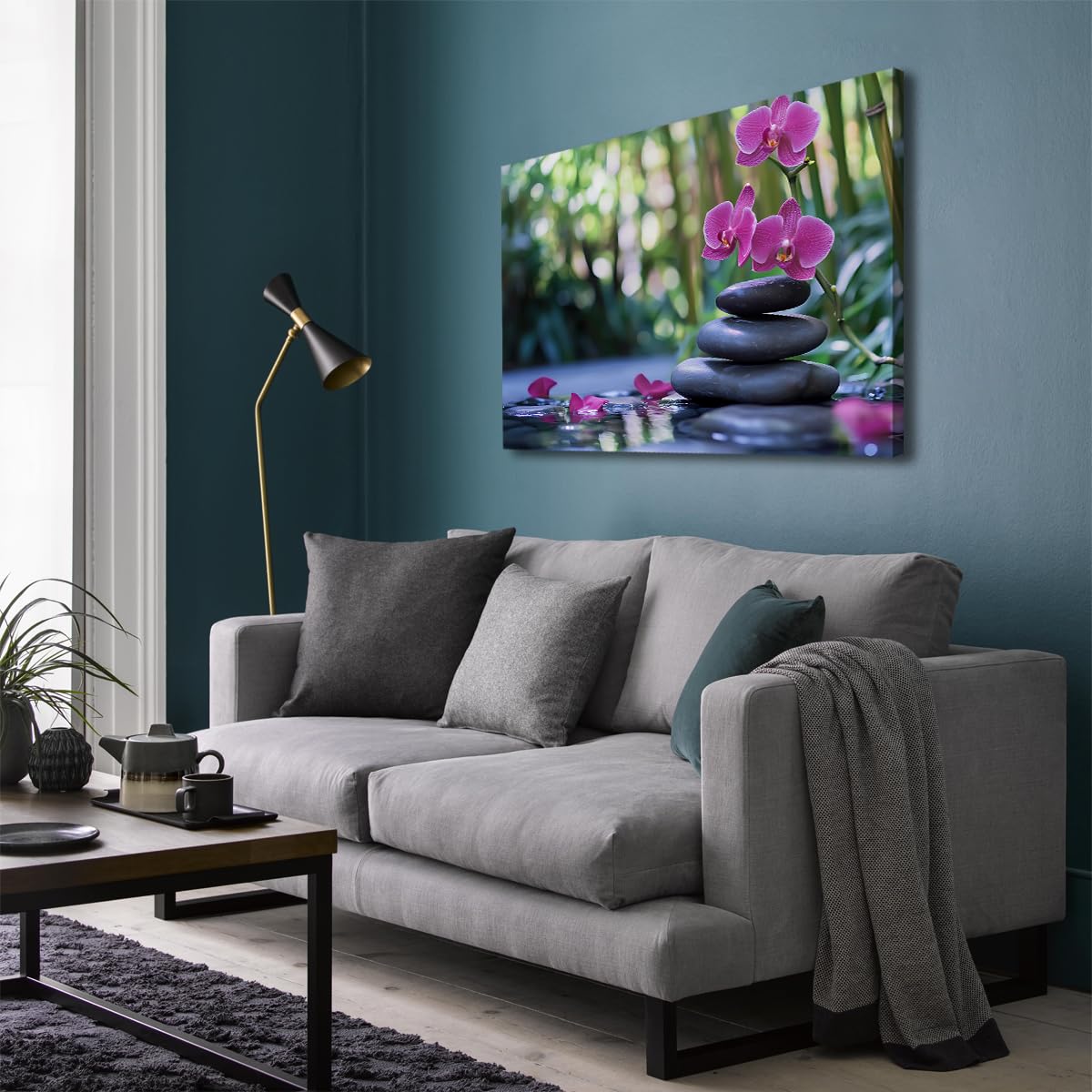 TOANGWALL Malarstwo Płótno Orchidea Fioletowy Ułożone Kamienie Zen Plakat Las Bambus Tropikalny Obraz Wellness Spa Wall Art Salon Sypialnia Łazienka Hotel Natura Spokój Dekoracja 70x85cm