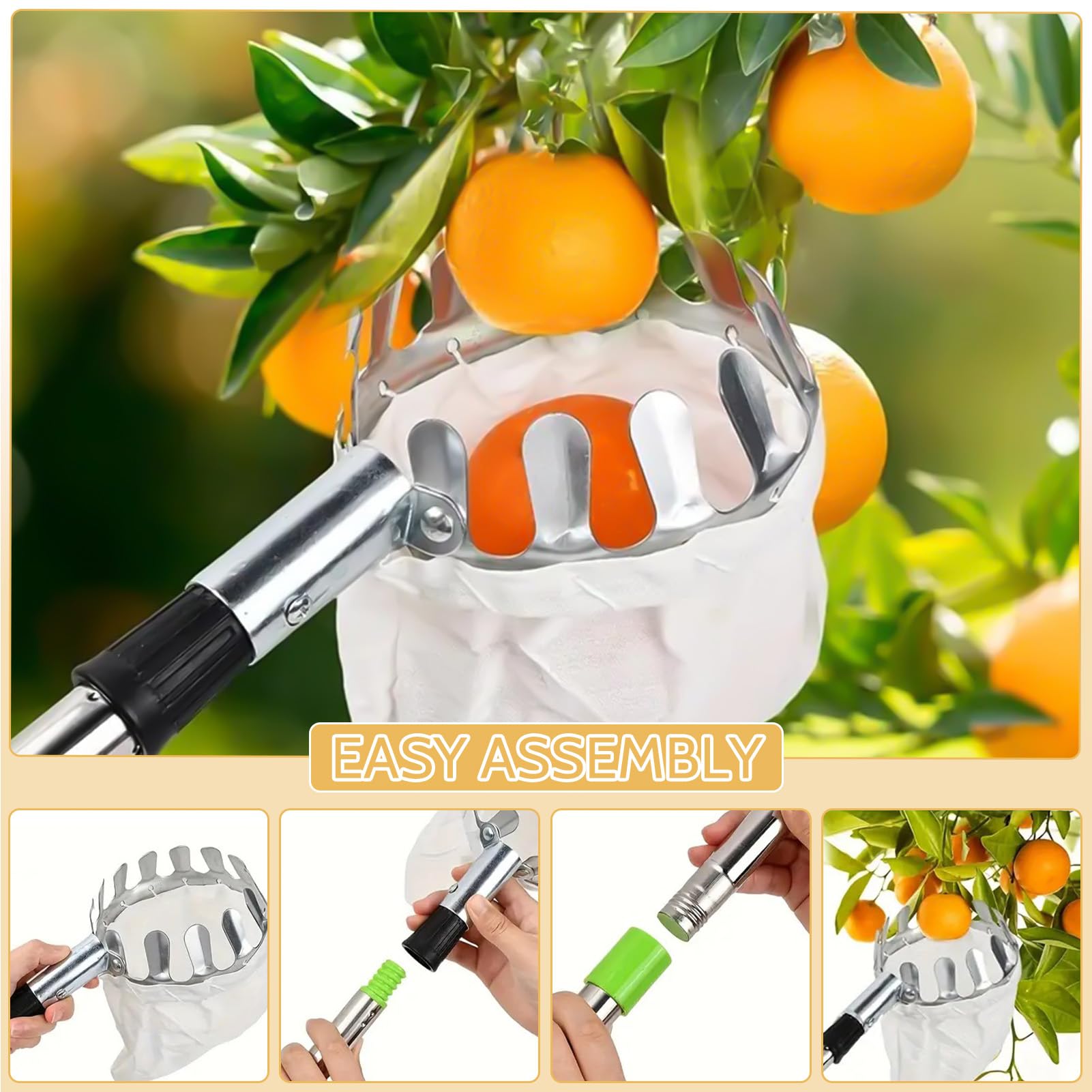 Raccogli Frutta con Palo in Acciaio Inox Leggero, 2 m raccoglitore di frutta raccogli frutta Raccoglifrutta Regolabile in Altezza, Raccogli Frutta da Albero con Testa a Cestello