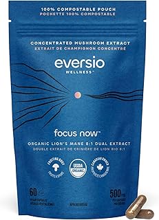 FOCUS NOW by EVERSIO WELLNESS – Organic Lions Mane Mushroom Supplement - 8:1 Lions Mane DUAL Extract in 60 Vegan Capsules (500mg) - Brain Booster Supplement - Lions Mane Mushroom Capsules Made with Organic Extract from Real Mushrooms, NO GRAIN, and >52% Verified Beta-D-Glucans! 