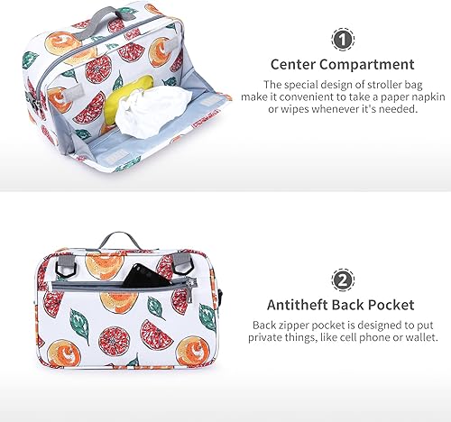 Miniatura 8 de Bolsa organizadora antideslizante para pañales con bolsillo aislado, ganchos para cochecito y correa ajustable, ajuste universal para la mayoría de