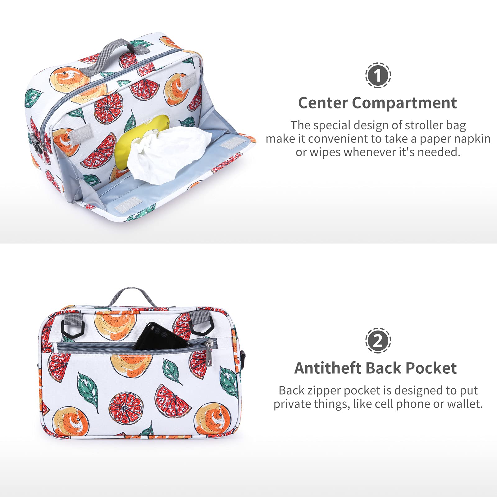 Borsa organizer per passeggino antiscivolo con tasca isolata, ganci per passeggino e cinghia regolabile, universale, adatta alla maggior parte dei passeggini, frutta