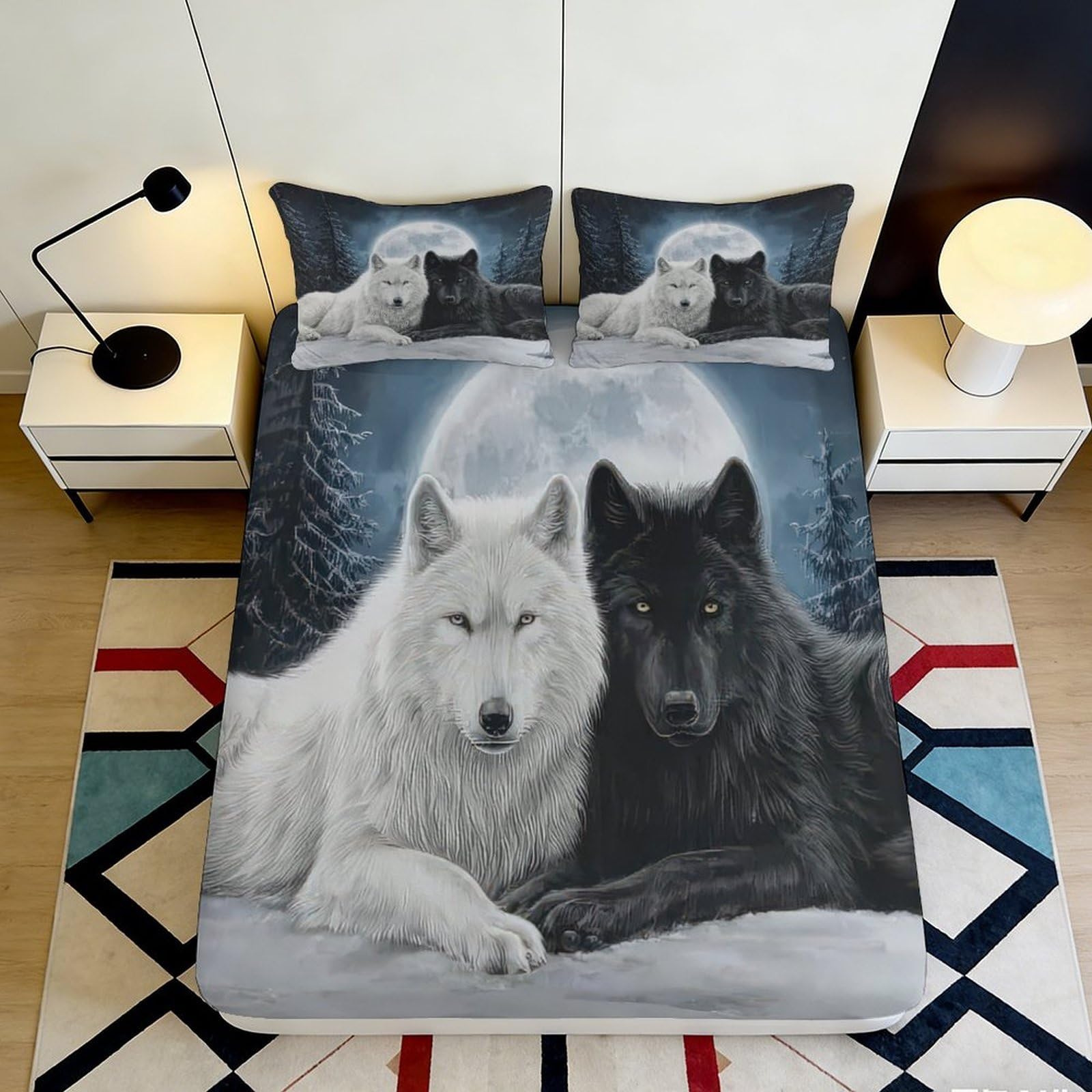 3D Printed Moonlight Wolf Fitted Sheet Microfiber Soft Breathable Forest Night Bed Cover for Bedroom Dorm Mattress Protection Decor 180x200x25cm