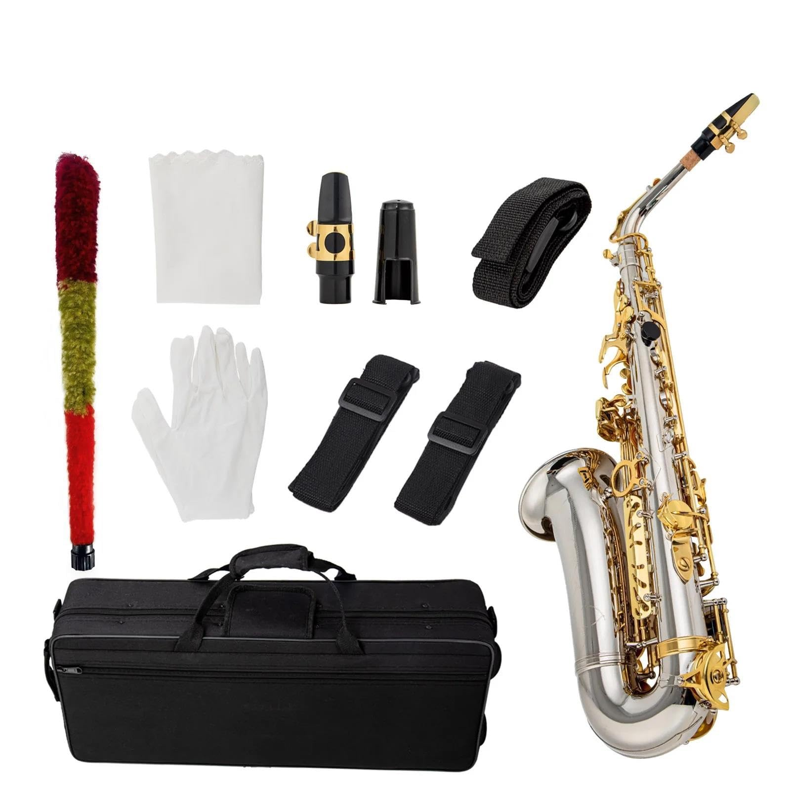 Studencki Profesjonalny Saksofon Eb Saksofon Altowy Mosiądz E Płaski Saksofon Drewniany Instrument Dęty Z Pudełkiem profesjonalny Saksofon (Color : Silver Gold)