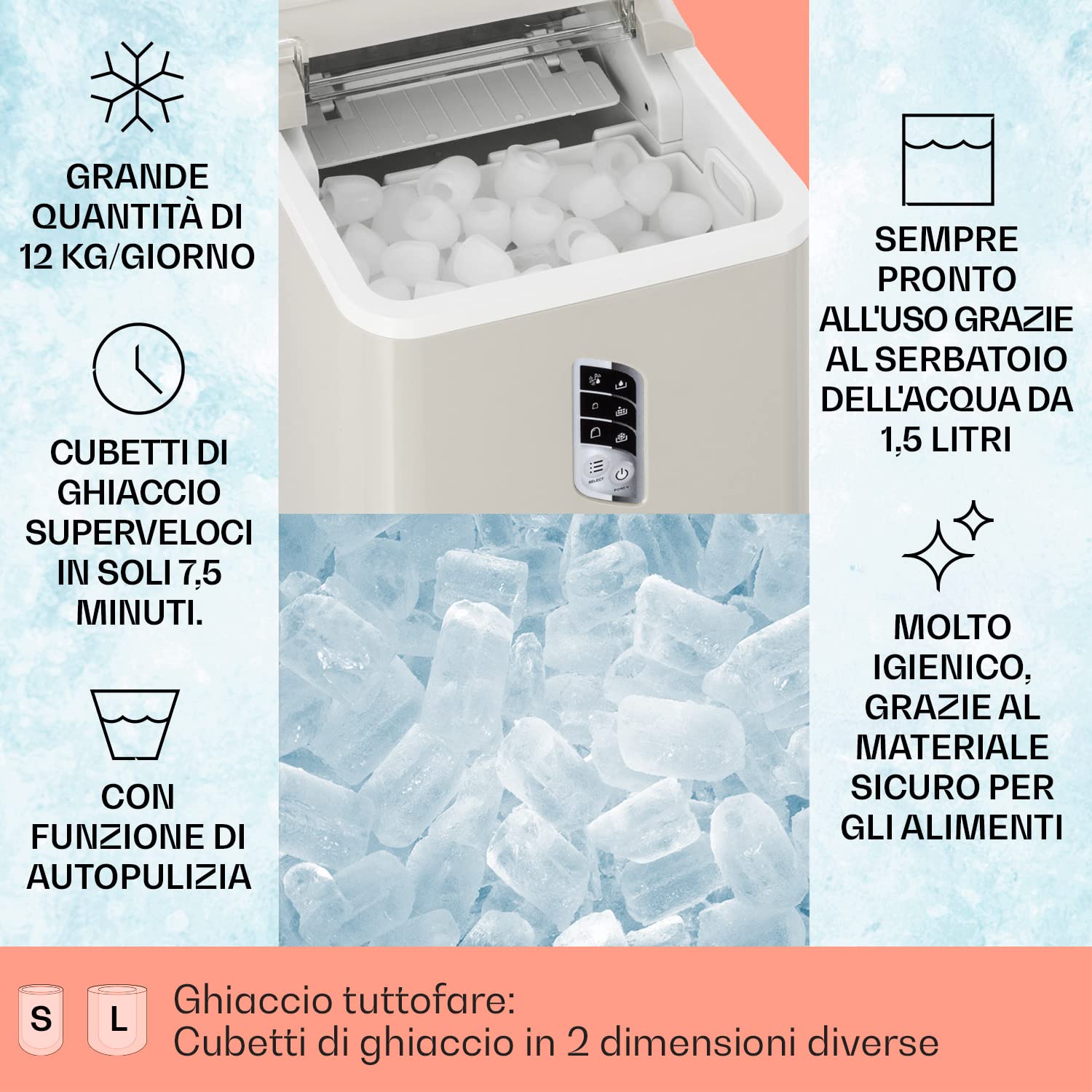 Klarstein Macchina del Ghiaccio Professionale 1.5L, Fabbricatore Ghiaccio Secco Fino a 12kg, Cubetti Grandi e Piccoli, Autopulente, Ice Maker per Casa