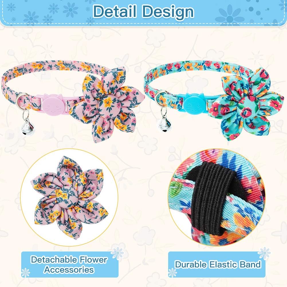 BINGPET Spring Cat Collars - Breakaway Cat Collars with Flower and Bell, 2 Pack Adjustable Soft Pet Kitten Collars with Adorable Floral Patterns and Detachable Flower Accessories for Cats Kitties