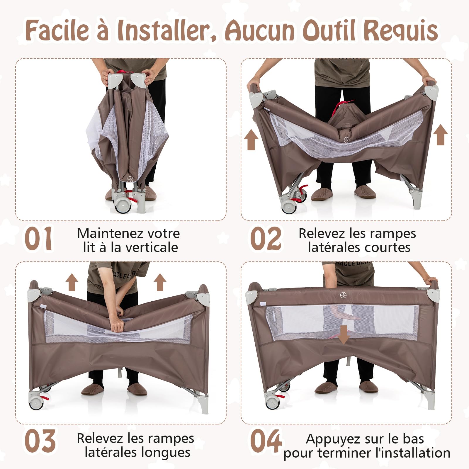 DREAMADE Lit Parapluie Bébé avec Matelas,5 en 1 Lit Cododo 125x65x76CM Tout-Petites 0-3 Ans avec Porte-Couches,Roues Verrouillables,Musique,Jouets Suspendus,Table à Langer,Sac de Transport (Marron)