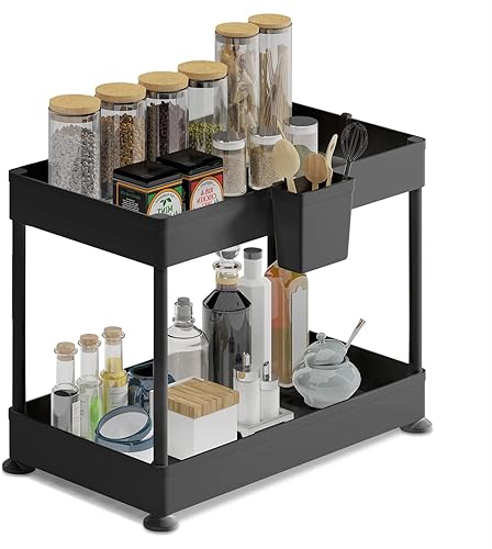 Organizadores y almacenamiento para debajo del fregadero Organizador de gabinete de baño, estante de fregadero con ganchos de utilidad y