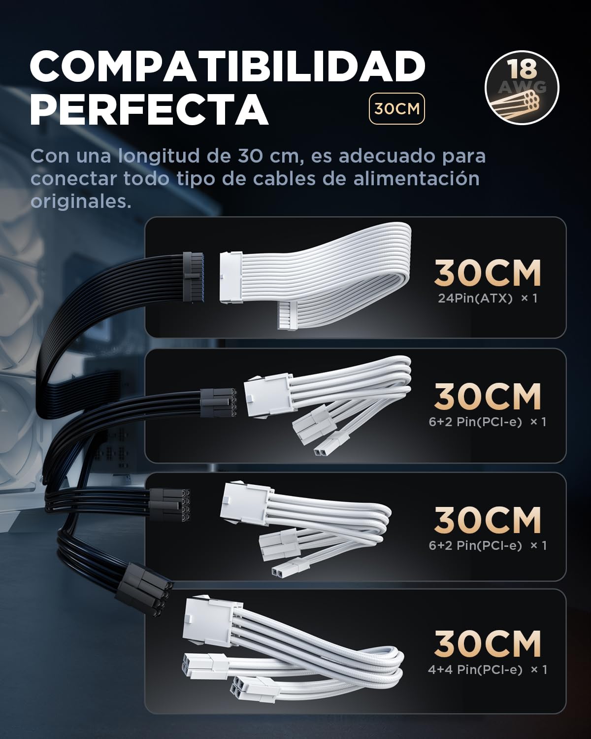 AsiaHorse Cable de extensión PSU, Kit de Cables con Funda para GPU/CPU,16AWG Extensiones de Cable de alimentación con peines de Cable,Gestión de Cables 24PIN/ (6+2) Pin/ (4+4) Pin, 30CM, Blanco Puro