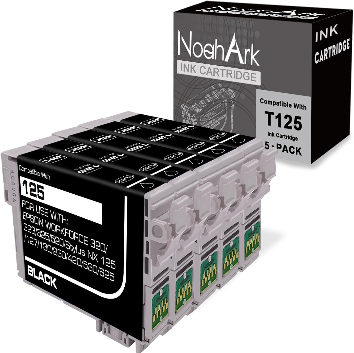 NoahArk 5 Packs T125 Remanufactured Ink Cartridge Replacement for Epson 125 use for Epson Stylus NX125 NX127 NX230 NX420 NX530 NX625 Workforce 320 323 325 520 Printer (5 Black)