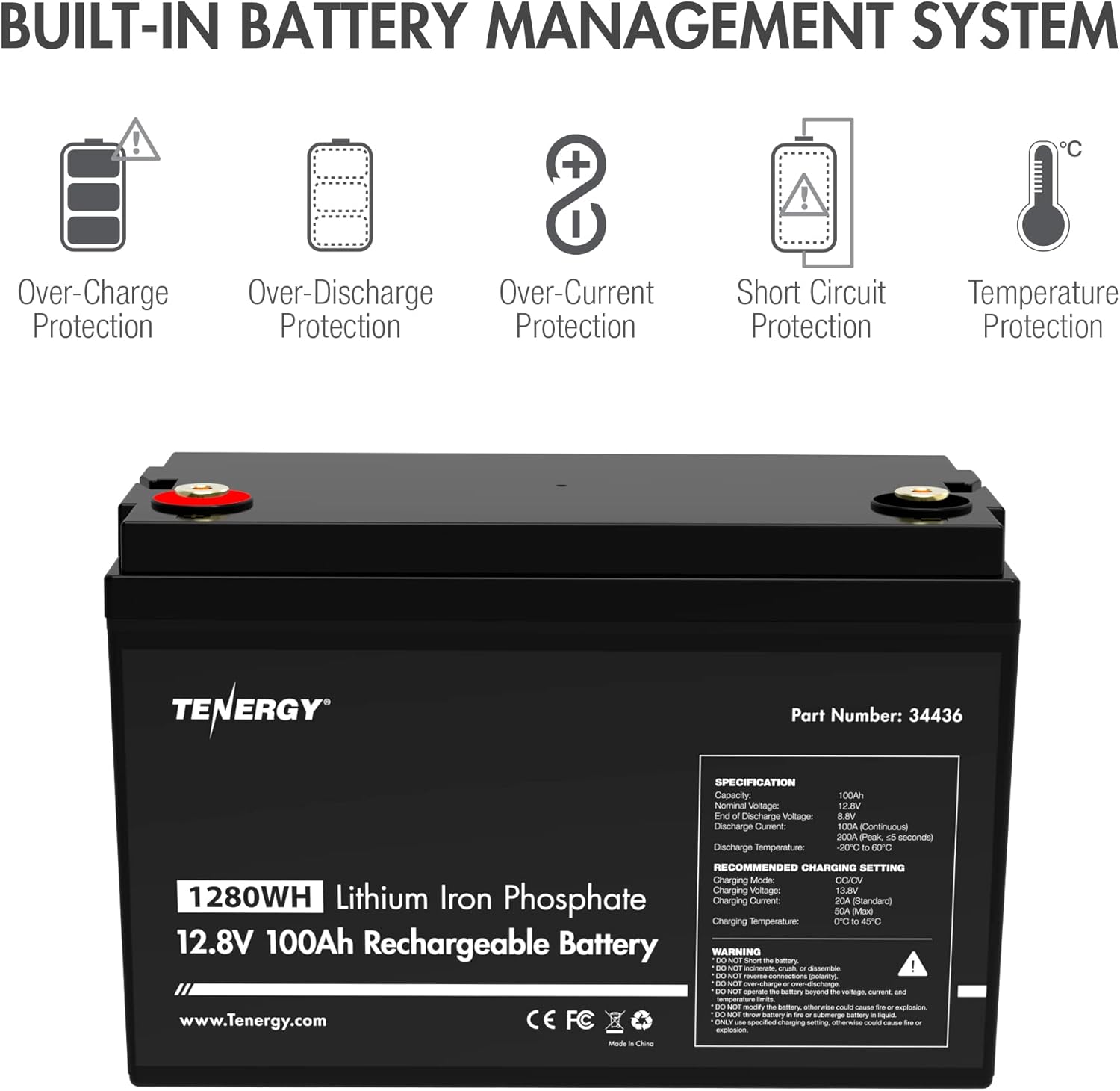 Tenergy LiFePO4 12.8V 100AH Battery, Built-in 100A BMS, 4000+ Cycles, Ideal for RV, Solar, Off-Grid, and More