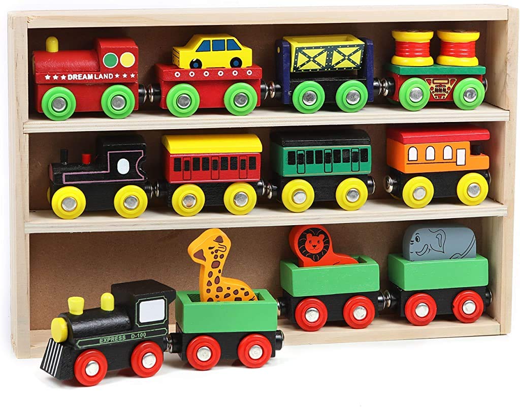Around The Town 12 Piece Wooden Engines & Train Cars, Compatible With Thomas Wooden Railway, Brio And Most Other Brands