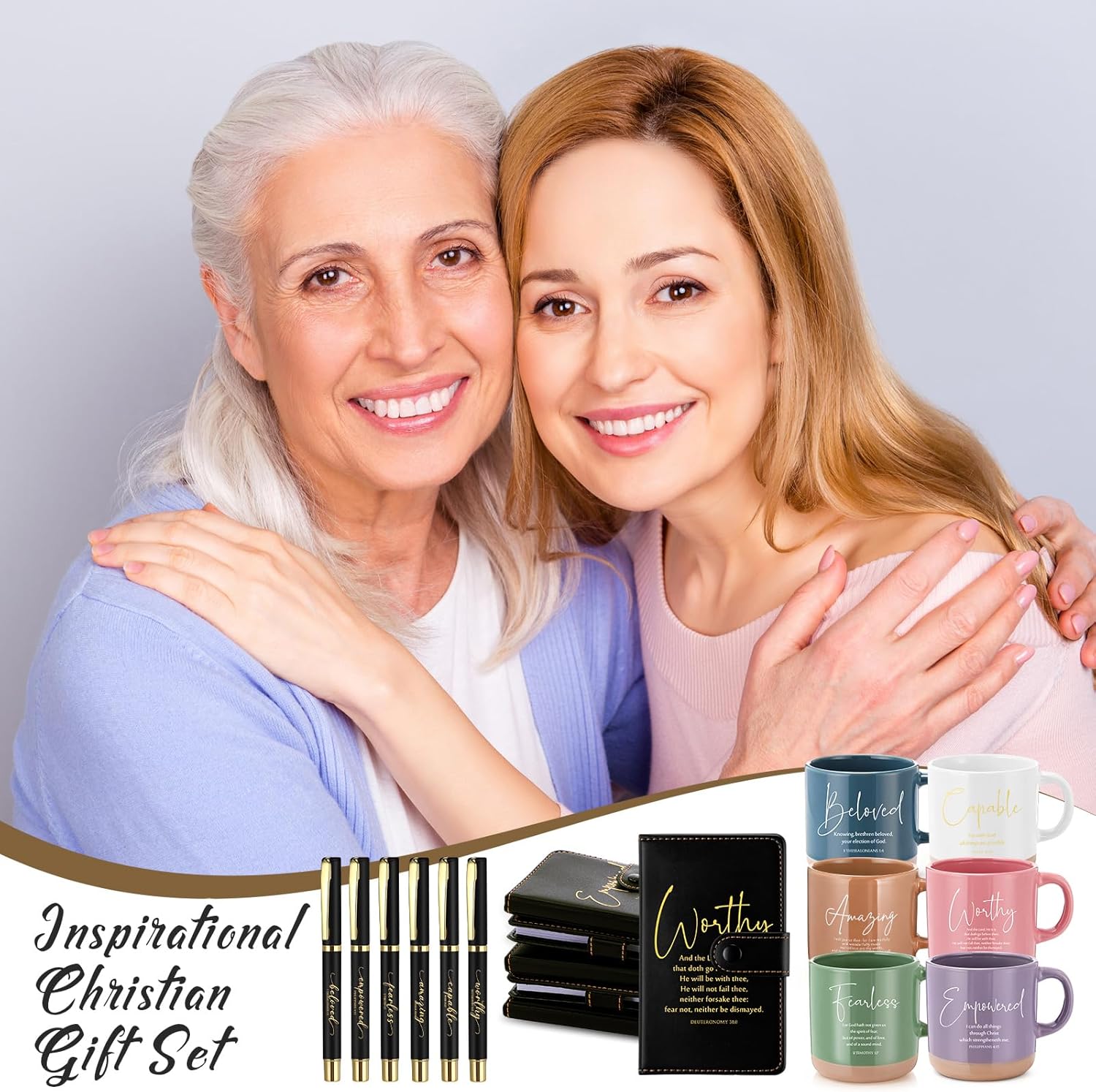 18 Pcs Christian Gift Set for Women Men, 13oz Bible Verse Ceramic Coffee Mugs with Leather Journal Pen Inspirational Religious Gifts for Office Coworkers Pastor Church (Bible,Morandi Black)