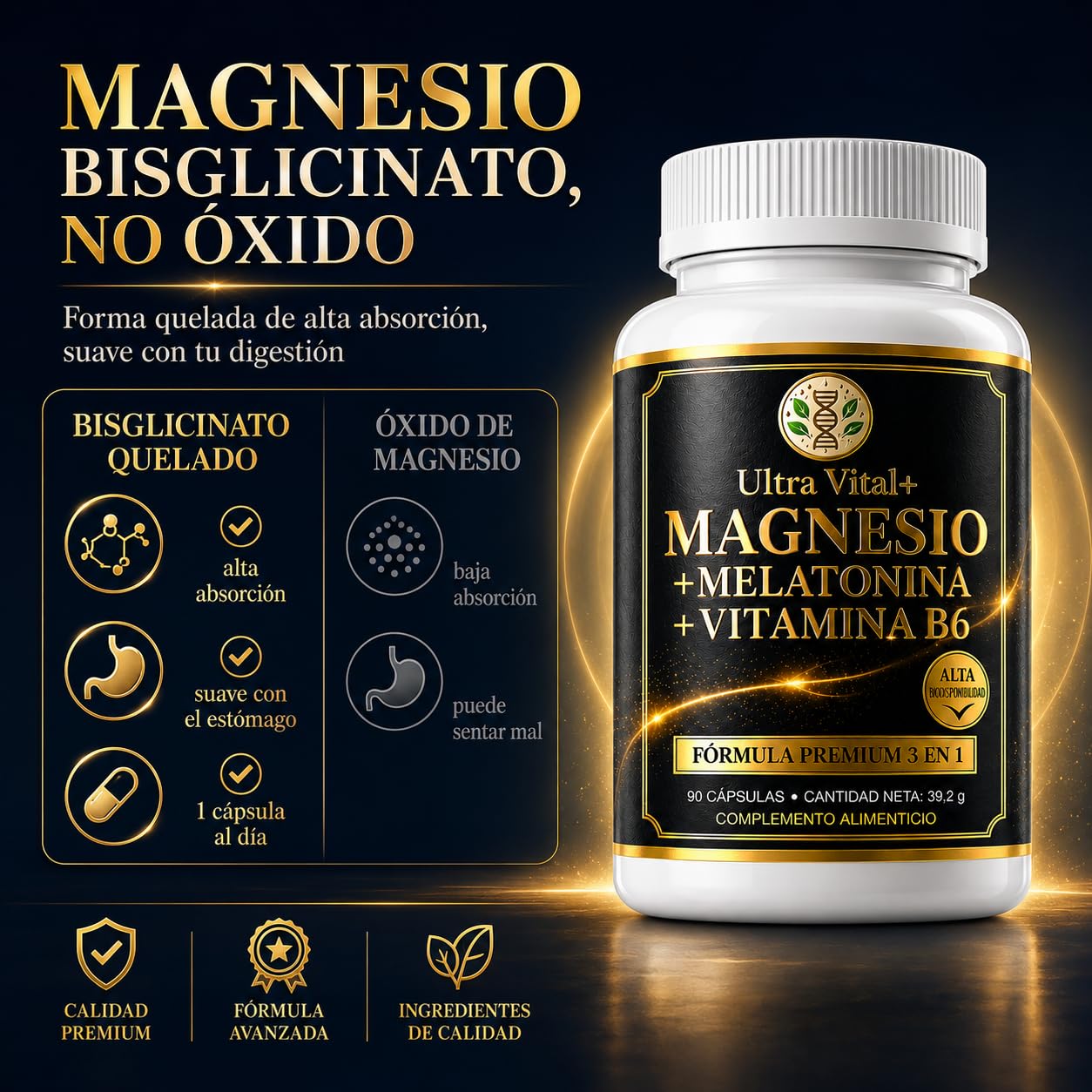 Magnesio Bisglicinato 200mg, Melatonina 1,8mg para Dormir, B6, Cáps Veganas | Glicinato de Magnesio quelado, alta absorción y B6; sin cafeína ni dióxido de titanio. 90 cápsulas, marca española con COA