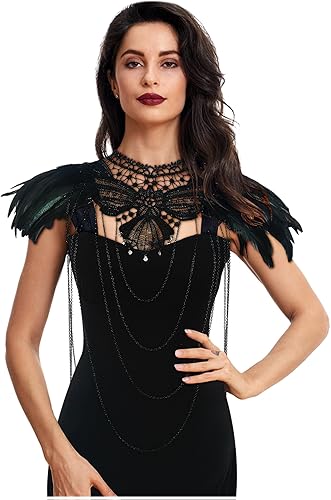 Vista 7 de L'VOW Real Negro Pluma Arnés Collar Collar Collar Babero Halloween