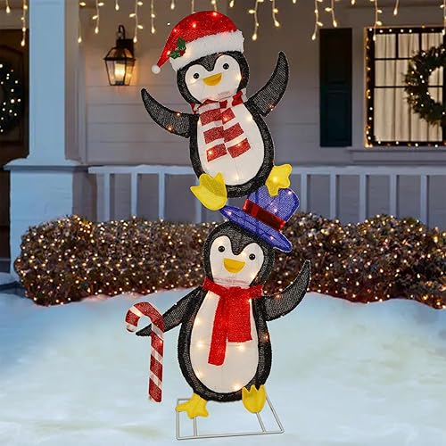 Miniatura 4 de WATERGLIDE Juego de 2 pingüinos de oropel de Navidad iluminados, pingüino apilado 2D preiluminado con luces incandescentes, se ilumina y enchufa
