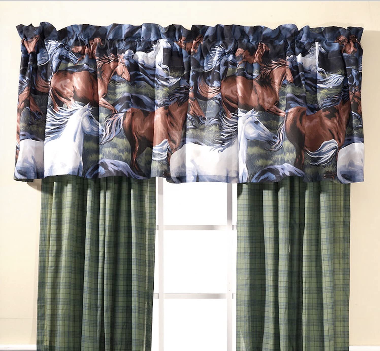 Western Horses Equestrian Window Treatment (1) Horse Print Valance 20"x 84"(Plaid Drapes/Panels NOT Included!)
