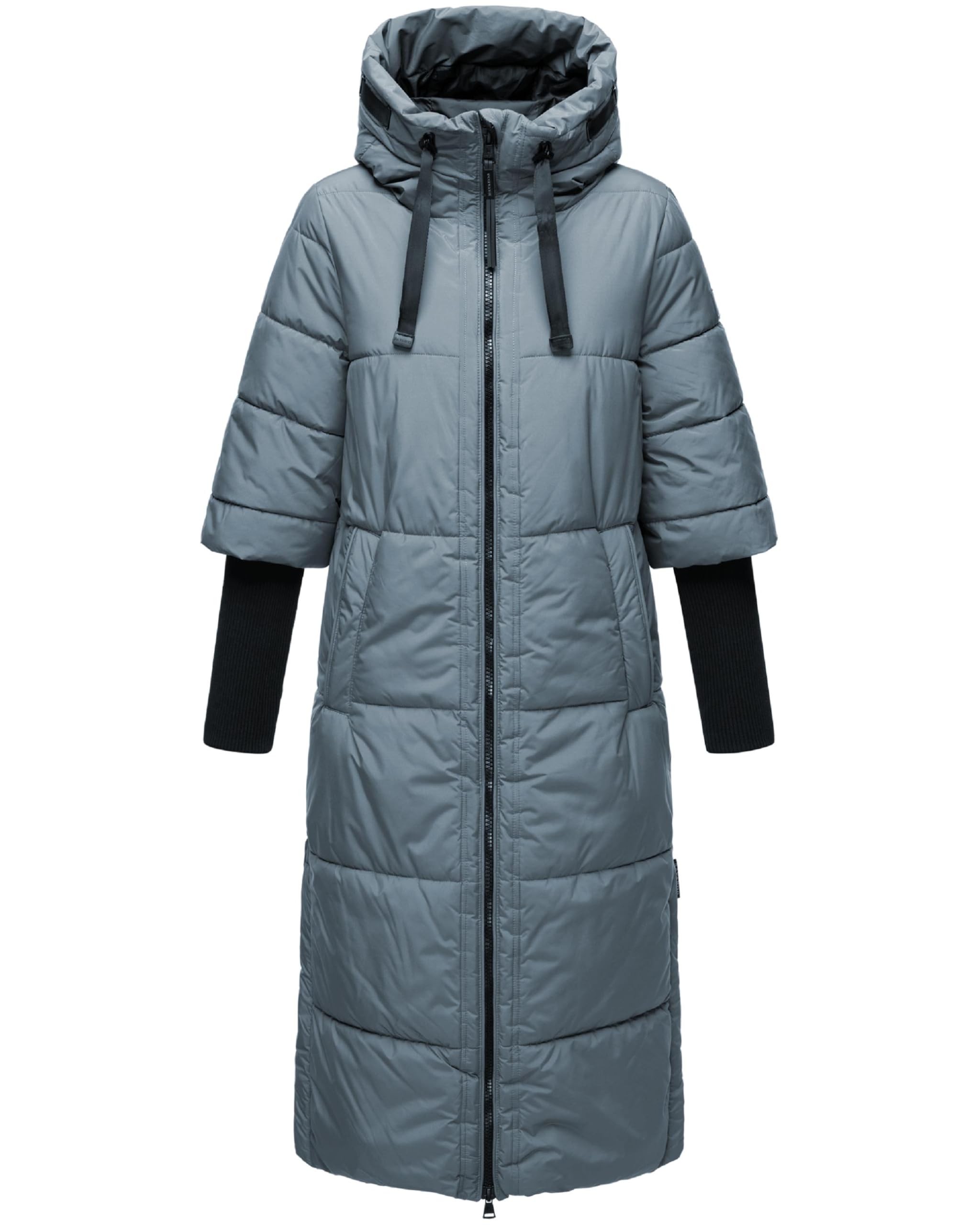 Navahoo Women's Stormy Blue Long Winter Coat, Warm Quilted Coat With Hood And Ribbed Knit Sleeves Ciao Miau Xiv Xs-3Xl, Xs
