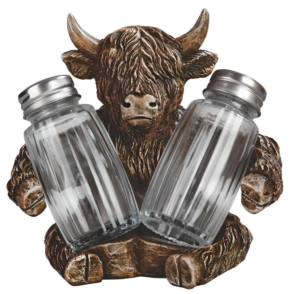 ICE ARMOR 5" W Highland Cow Salt & Pepper Shaker Holder Statue Sculpture Ornament Decoration Home/Room Decor Ideas for Housewarming, Holidays and Birthdays Great Collectible Addition