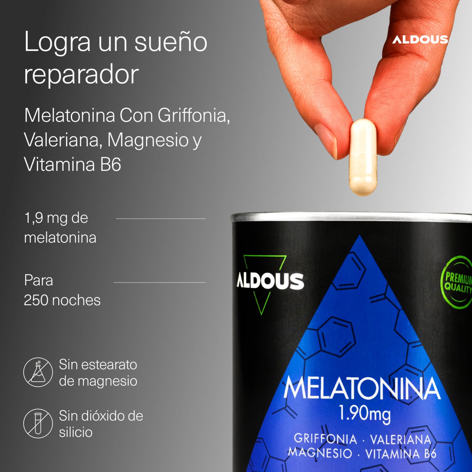 Melatonina Pura 1,9 mg con Magnesio - 250 Cápsulas para +8 meses - Pastillas para dormir bien - Ayuda a conciliar el sueño profundo - Insomnio, Cansancio - Con 5HTP, Valeriana, Vitamina B6 - ALDOUS