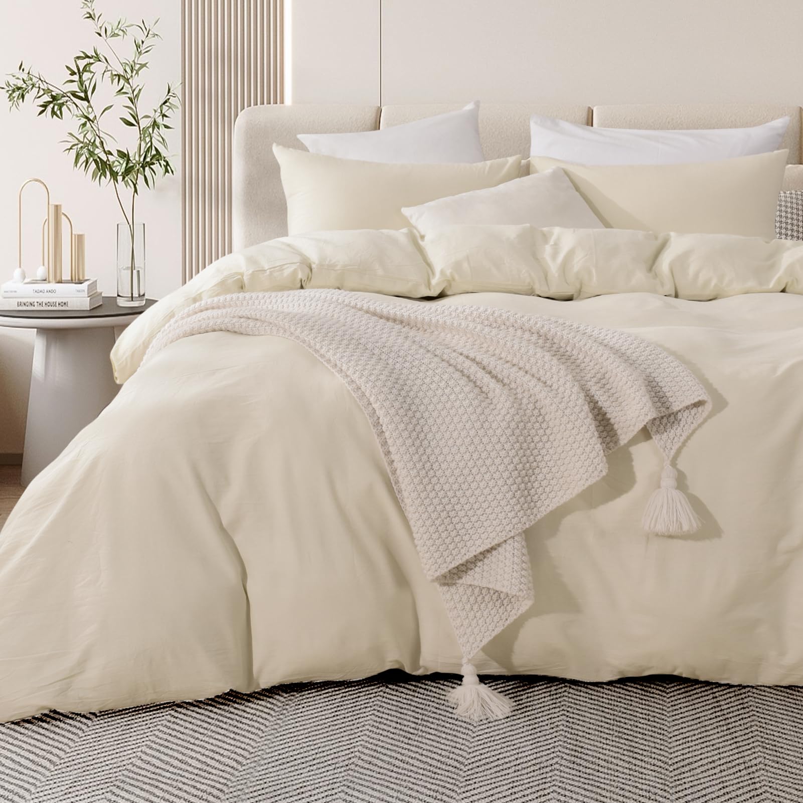 NEXHOME PRO Duvet Cover Set Super King 108"x98" Linen Feel Textured Cream Grey Organic Natural 100% Washed Cotton 3 Pieces Bedding Set with Zipper
