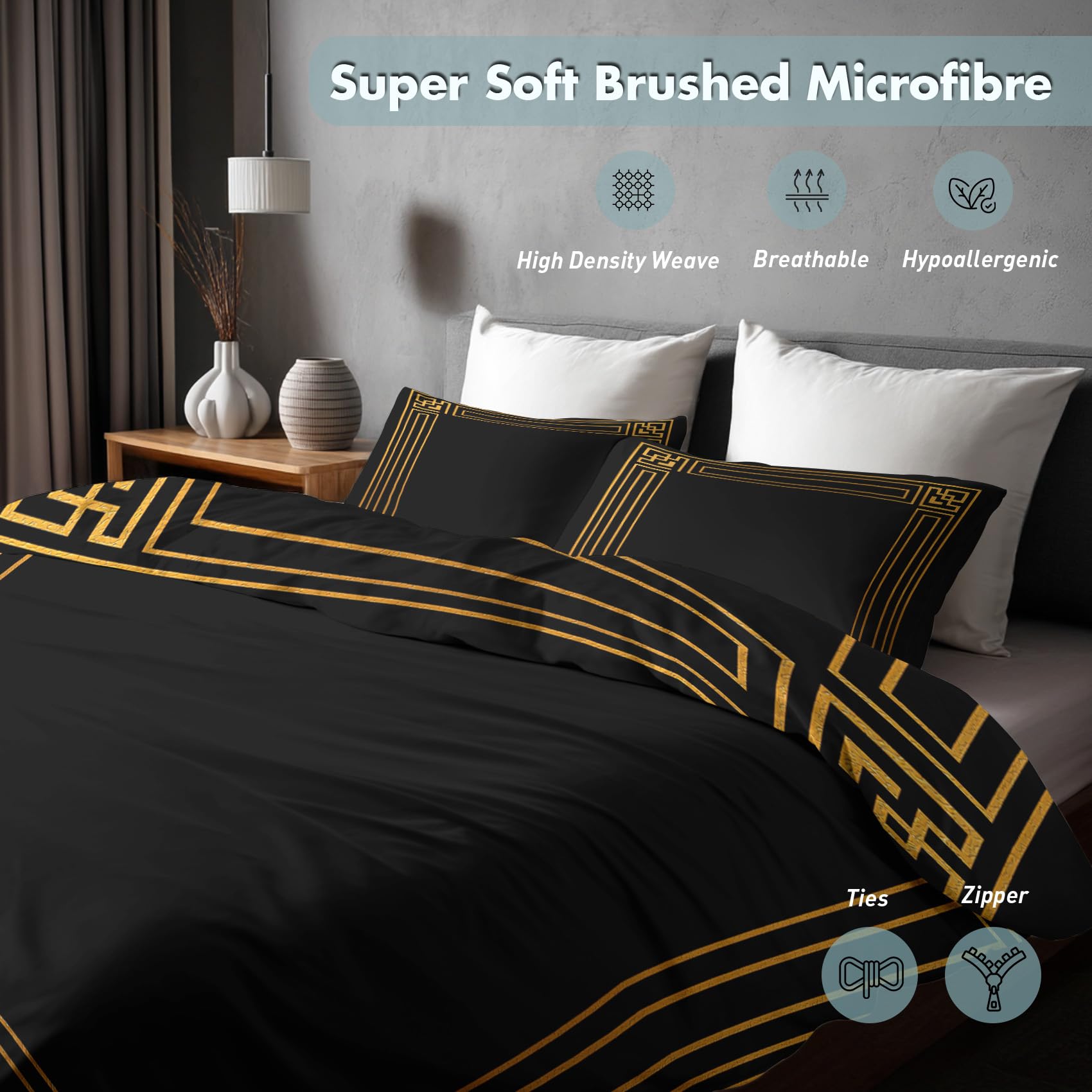 Ethno Bettwäsche 200x200 Mit Einfach Schwarz Gold Muster, Bettbezug Set Bügelfreie Bettwäsche Mit Reißverschluss, Kissenbezug, Ethno Deko