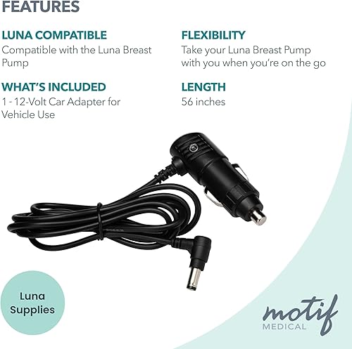 Miniatura 3 de Motif Medical Adaptador de corriente para automóvil de 12 voltios para lactancia materna, adaptador para bomba de grado hospitalario Luna, adaptador