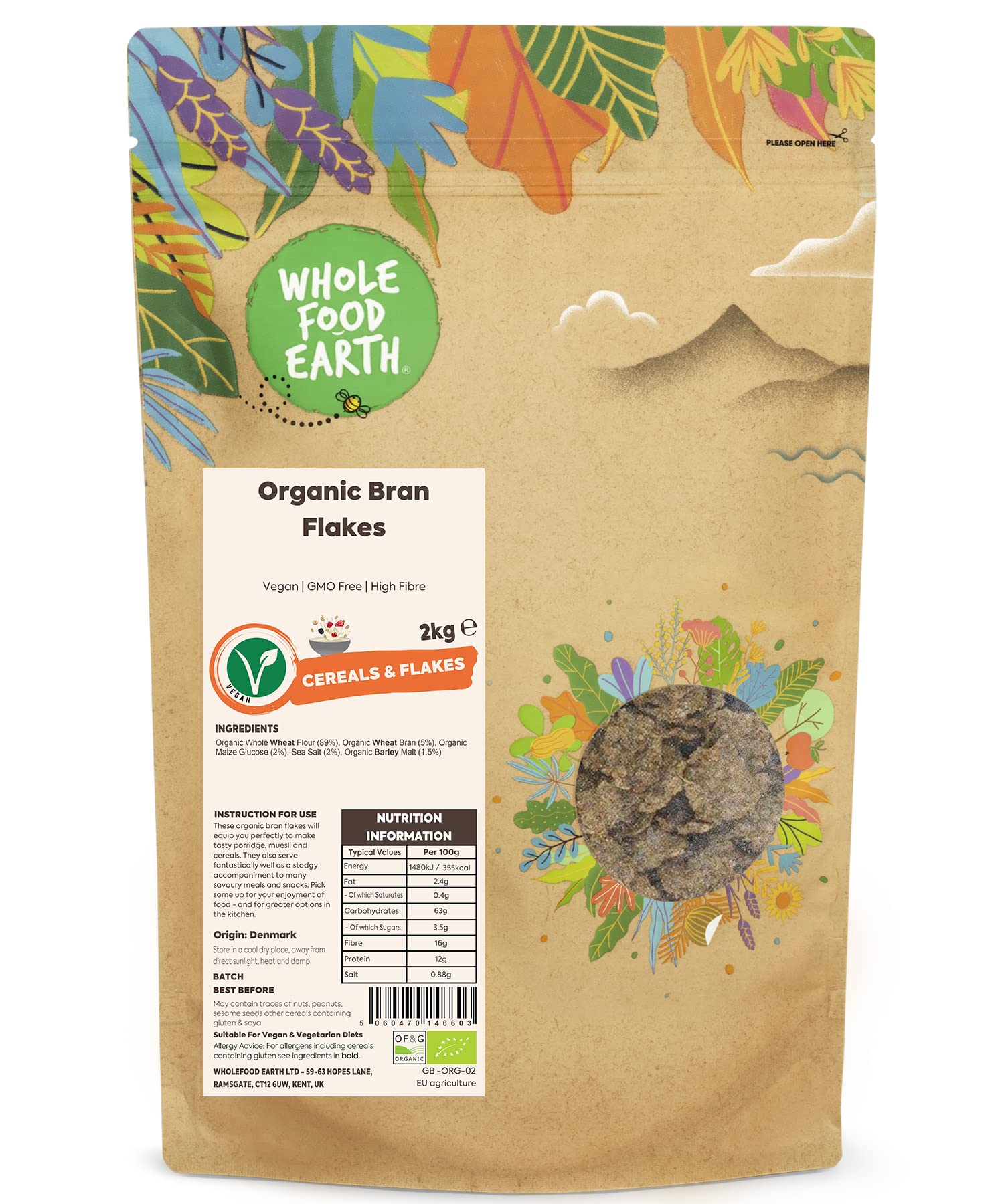 Wholefood Earth Organic Bran Flakes – 2kg | Vegan, GMO-Free, High Fibre | Certified Organic