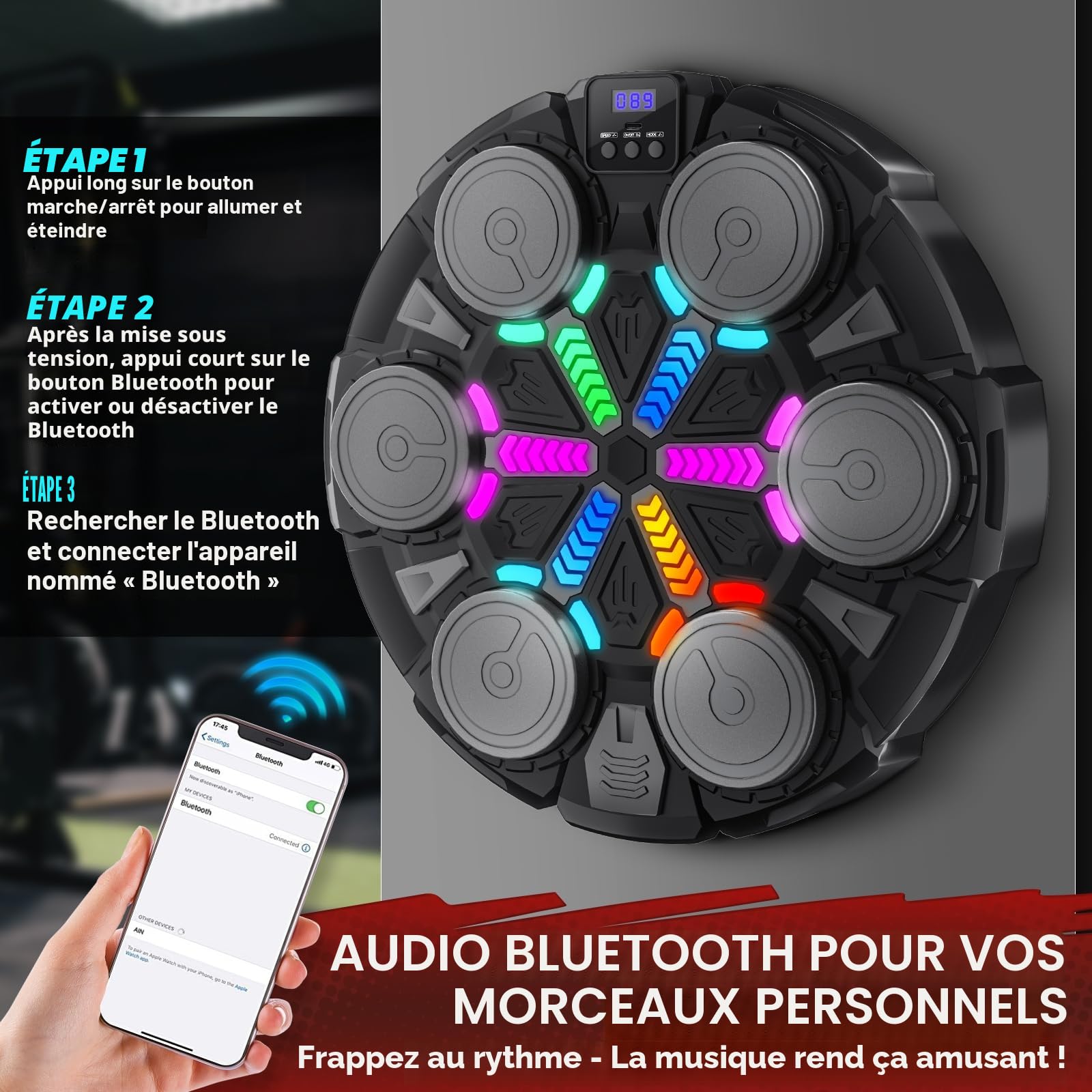 Machine de Boxe Musicale avec Bluetooth, Cible Murale Interactive pour Enfants et Adultes, Équipement d’Entraînement de Boxe Intelligente, Jeu de Boxe Ludique pour la Maison en Famille (Noir)