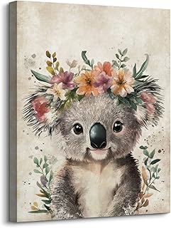 Lovely Koala Portrait Canvas Wall Art Cute Koala Bear with Floral Garland Poster Painting Retro Animal Pictures Prints Artwork for Kid's Room Bedroom Nursery Wall Decor Housewarming Gift 12"x16"