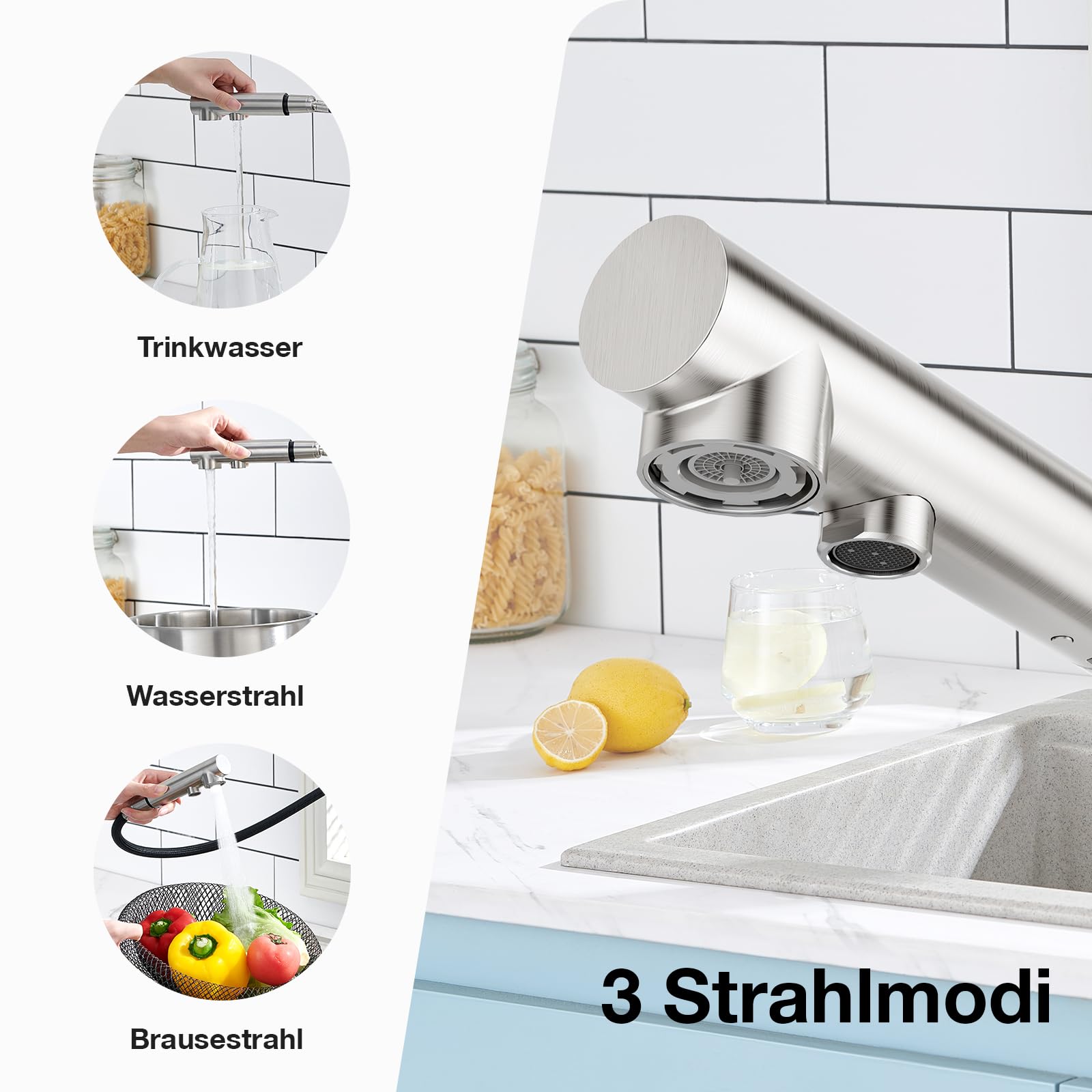 Faustina 3 Wege Küchenarmatur mit Brause ausziehbar, Doppelhebel Armatur Wasserhahn Spültischarmatur Trinkwasserhahn Küche für Osmoseanlage Umkehrosmose und Wasserfilter gebürstet