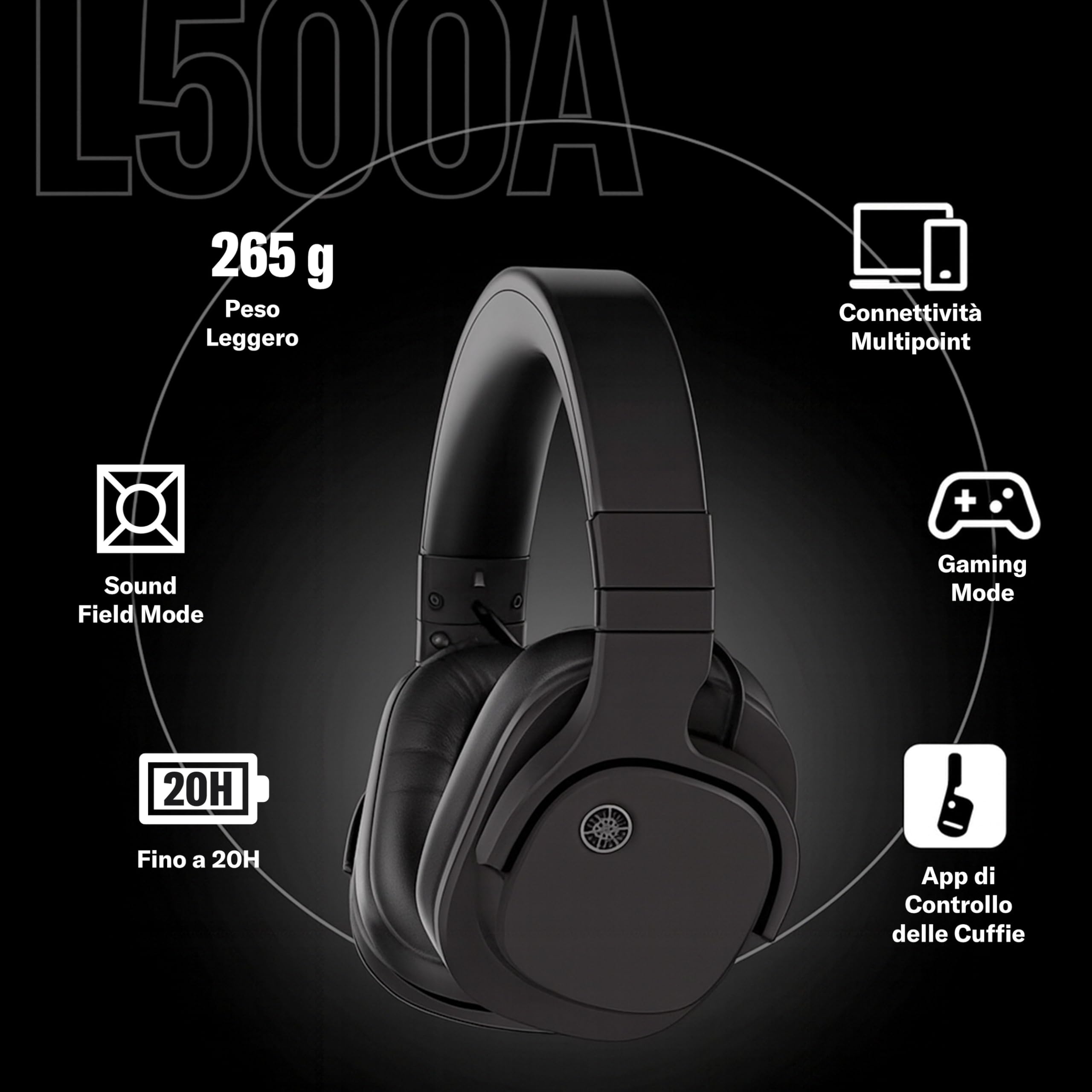 YAMAHA YH-L500A Cuffie Wireless Over-Ear – Cuffie Home Theater leggere con modalità Sound Field 3D per Cinema e Musica, Bluetooth Multipoint, Modalità Gaming – Nero