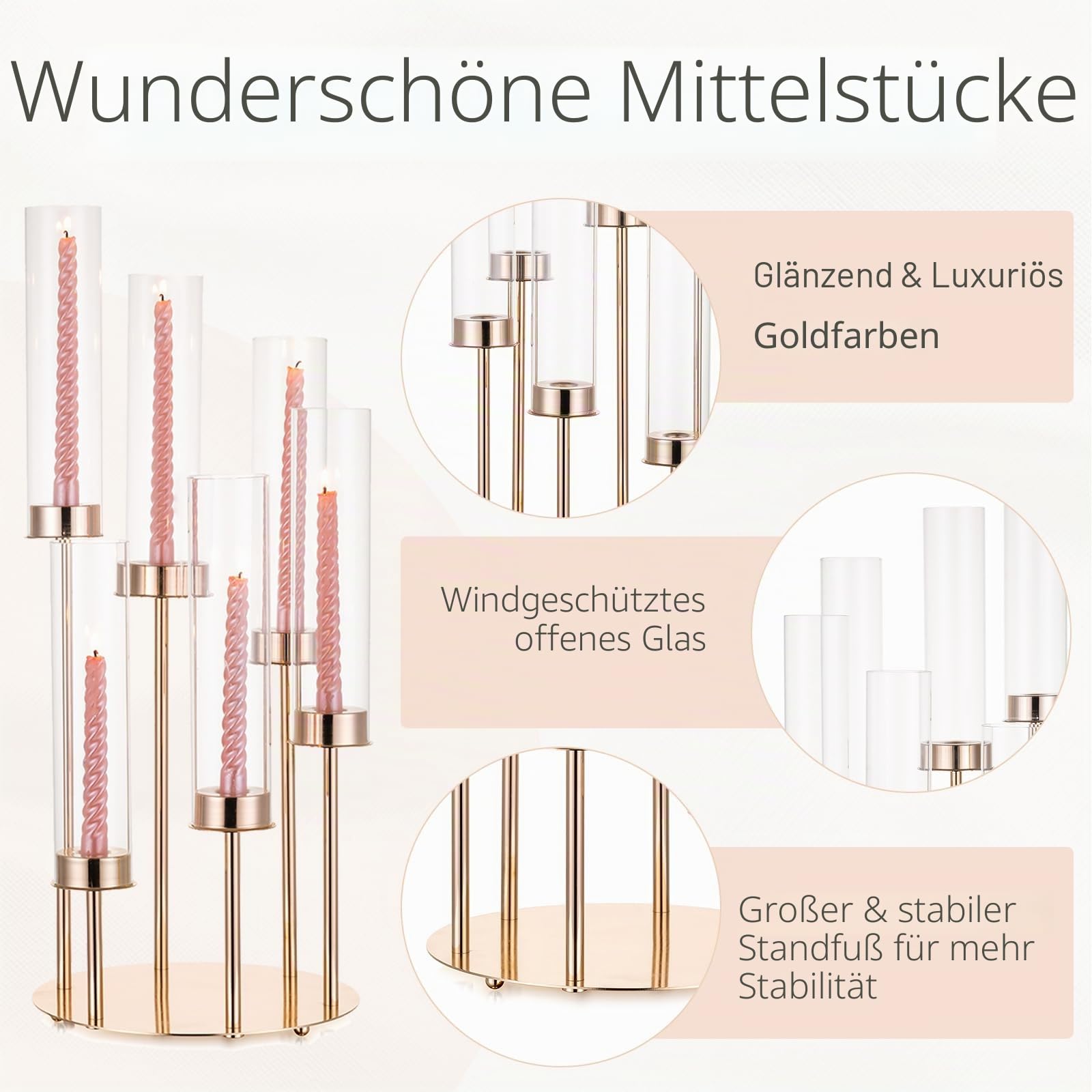 Kerzenständer Gold Bodenkandelaber Kerzenleuchter: 1 Stück Kerzenhalter aus Metall Windlicht-Kerzenhalter Hohe Kandelaber für Tafelaufsatz Hochzeit Veranstaltung Weihnachten Feste