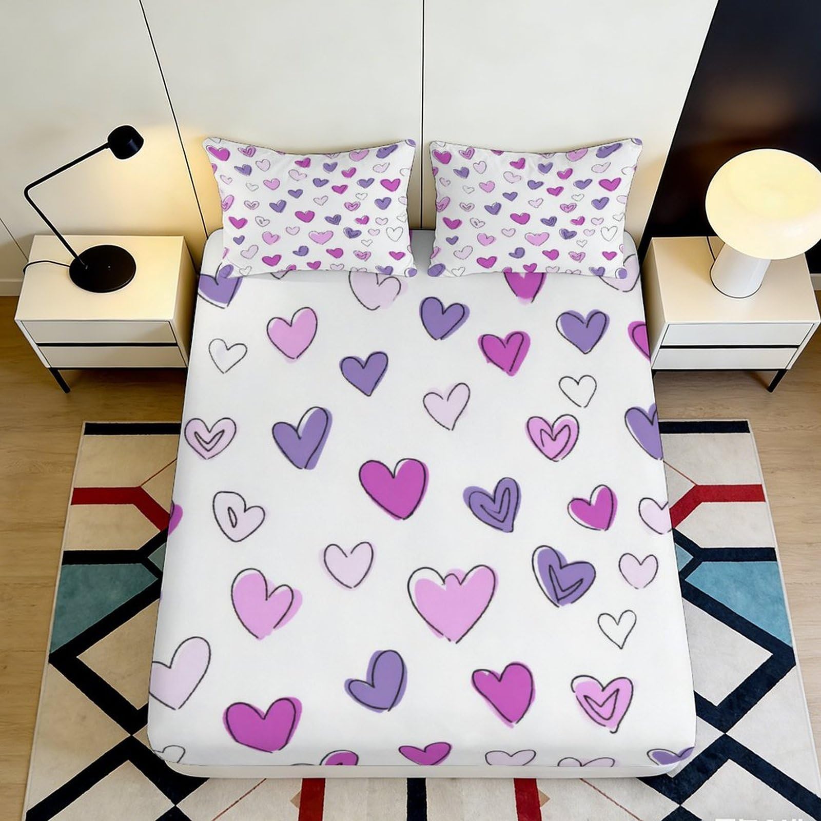 3D Printed Pink Purple Heart Fitted Sheet Microfiber Anti-Slip Bed Cover for Bedroom Guest Room Machine Washable 180x200x25cm