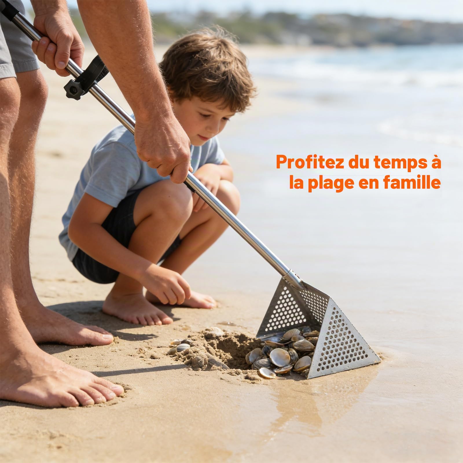 Râteau anti-puces de plage en acier inoxydable 304 et seau – Poignée amovible de 132 cm de long, attrape-crabes de sable, râteau pliable pour dents de requin, collecte des puces et coquillages