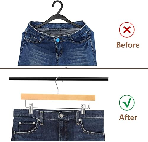 Miniatura 6 de AMKUFO 20 perchas de madera para pantalones, perchas sólidas para pantalones con clips ajustables de 14 pulgadas, perchas de madera natural para