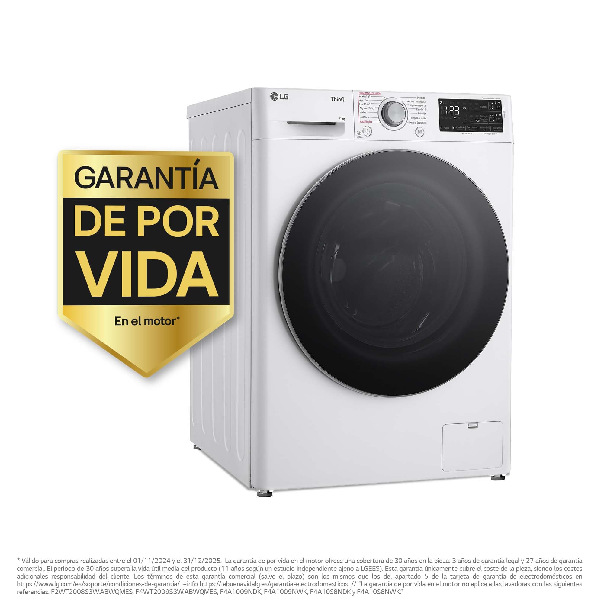 LG F4WR5509A1W - Lavadora Inteligente, 9Kg, 1400rpm, Carga Frontal, AI Direct Drive, TurboWash 360º, Autodosificador, Clasificación A, Serie 500, Blanco