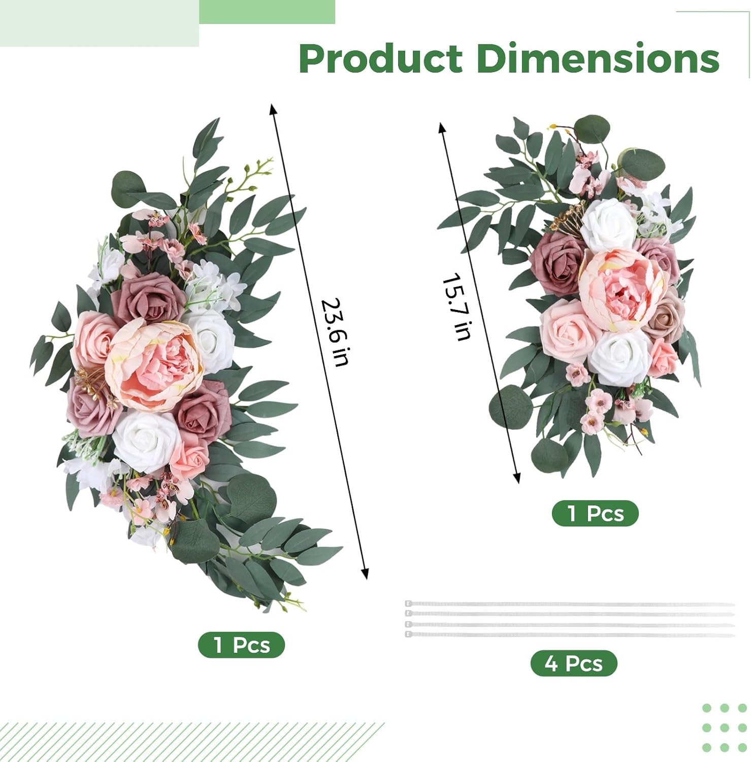 2 Pcs Wedding Arch Flowers Set, Large 23.6 in & Small 15.7 in Artificial Floral Swag for Outdoor Wedding Decorations, Pre-Assembled for Easy Installation, Polyester Flowers for Longevity