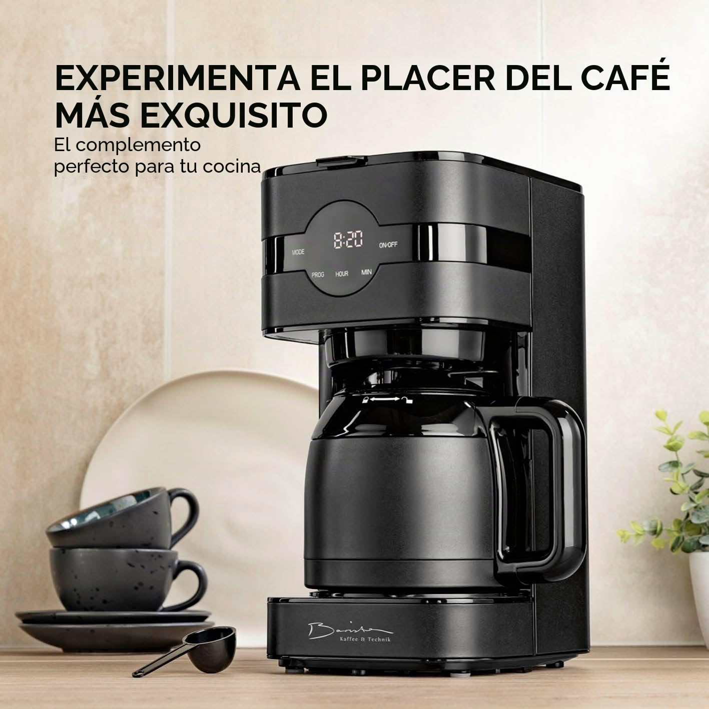 Barista Cafetera de filtro con jarra térmica, temporizador de 24 horas y filtro permanente, para 8 tazas de café, cafetera para polvo [negro]